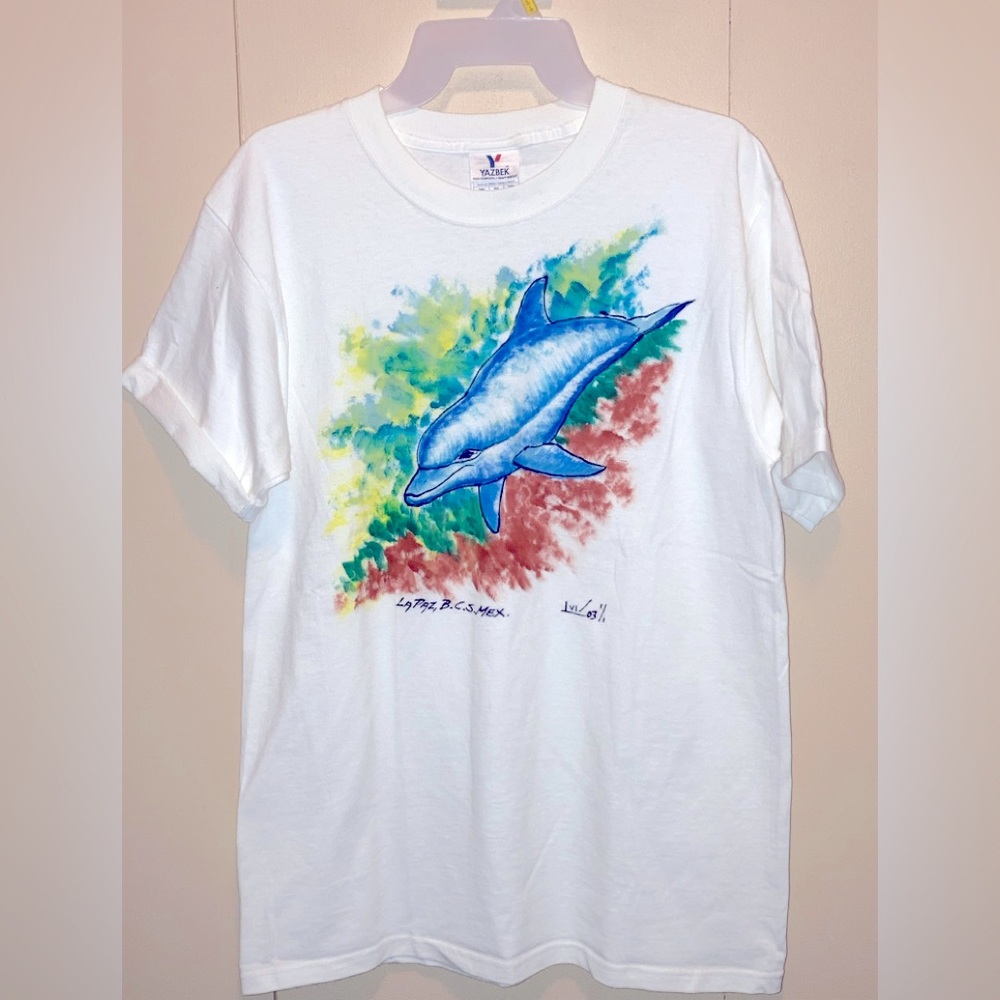 EUC LaPaz MEXICO Souvenir Cotton T-SHIRT HANDPAINTED Artist SIGNED ;Adult SZ M